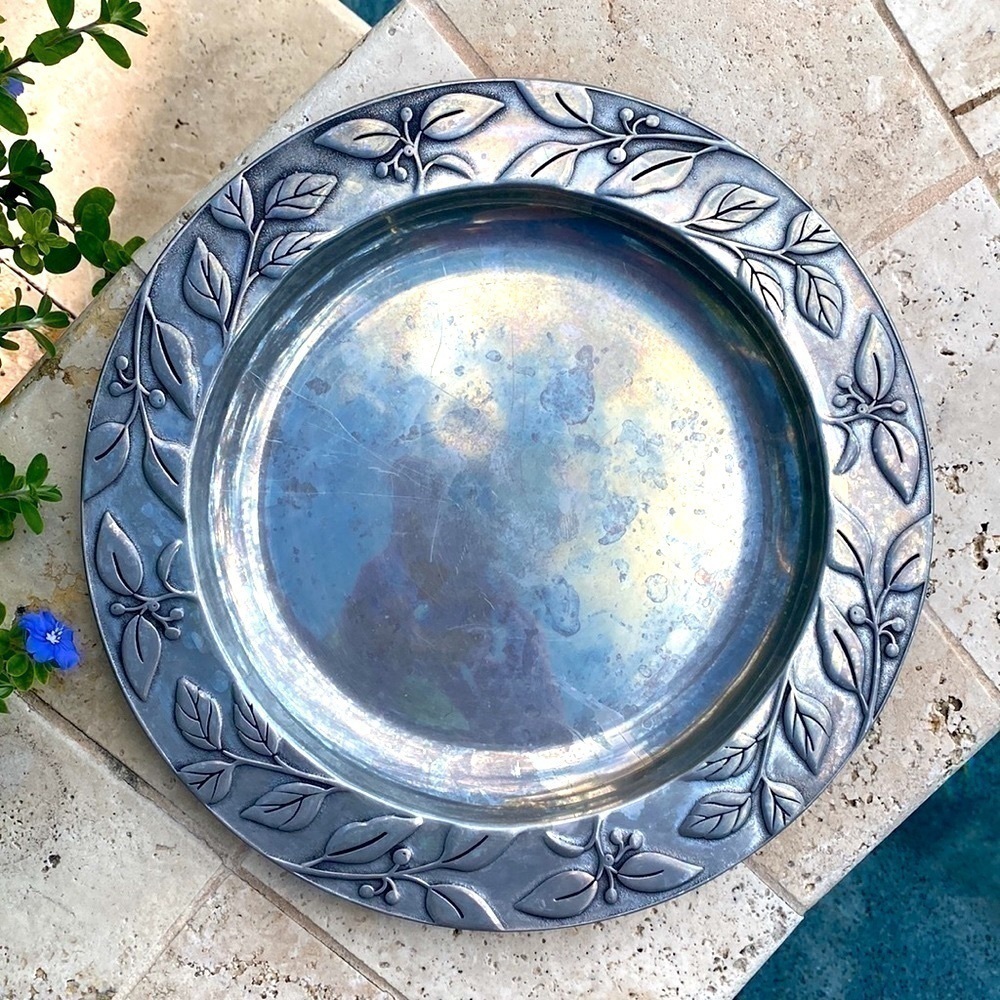 Wilton Armetale Solid Pewter Silver 12” Round Platter Tray Botanical